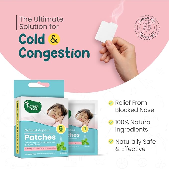 Mother Sparsh Natural Vapour Patches with Eucalyptus & Peppermint Oils, Thymol Crystal, 8hr Relief - 5 Patches