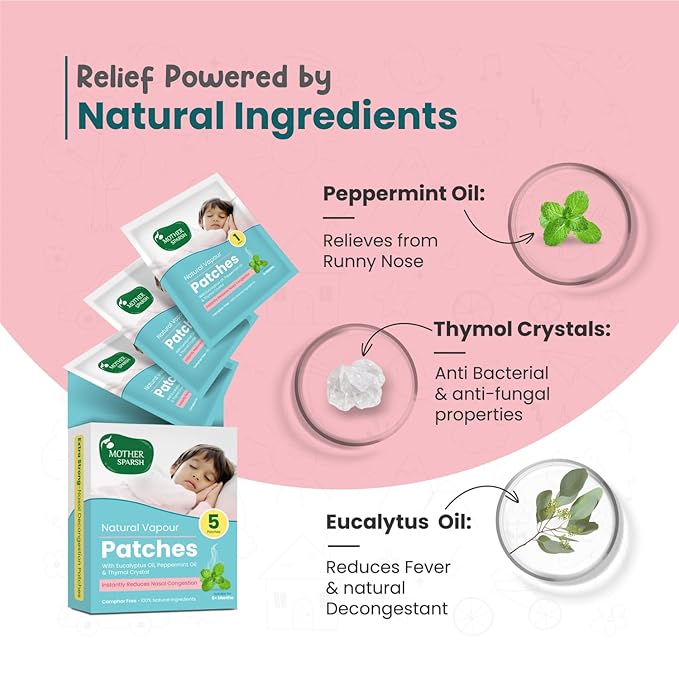 Mother Sparsh Natural Vapour Patches with Eucalyptus & Peppermint Oils, Thymol Crystal, 8hr Relief - 5 Patches