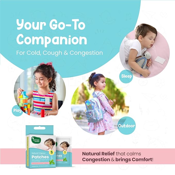 Mother Sparsh Natural Vapour Patches with Eucalyptus & Peppermint Oils, Thymol Crystal, 8hr Relief - 5 Patches