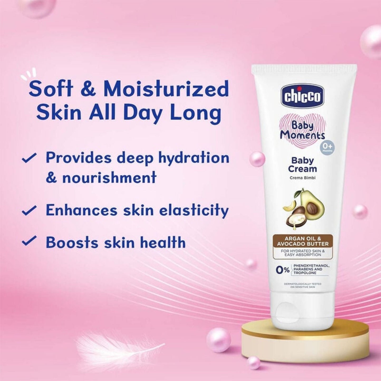 Chicco Baby Moments Cream 100g – Natural argan & avocado butter, hydrates skin, dermatologist tested, free from harsh chemicals.