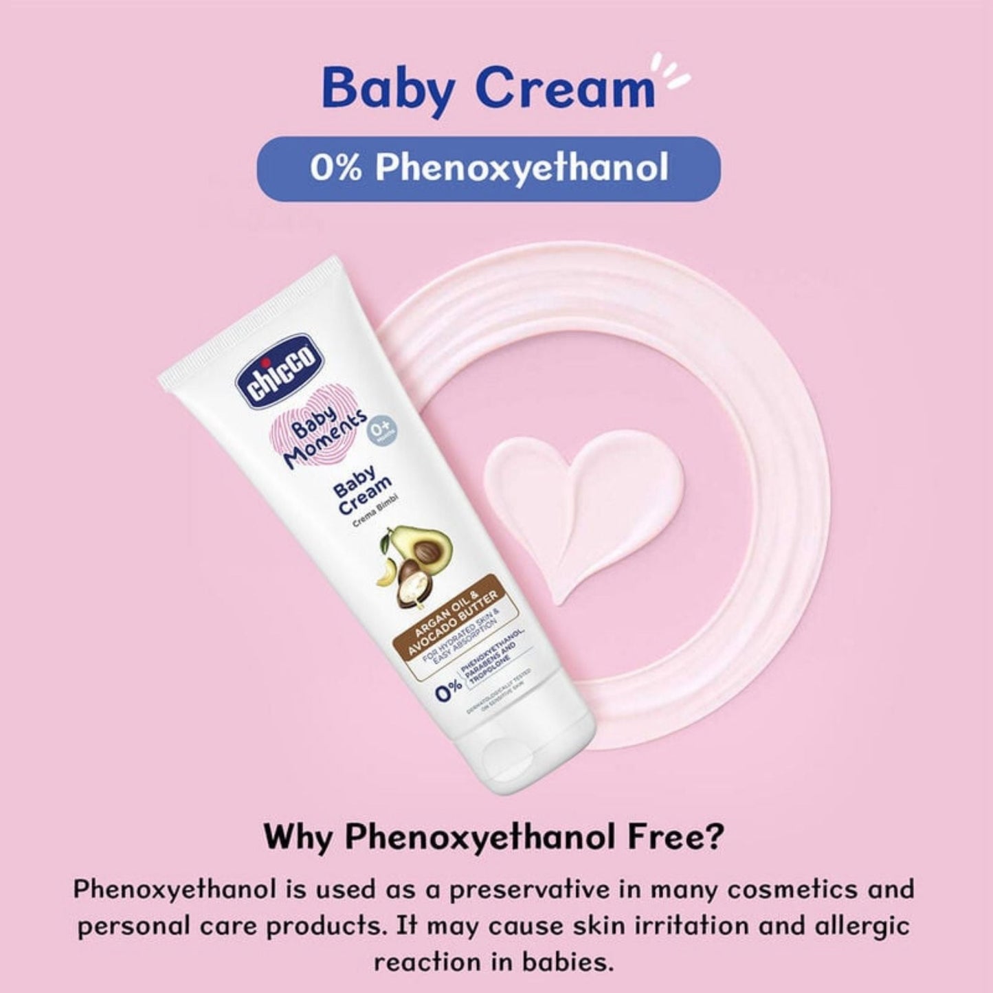 Chicco Baby Moments Cream 100g – Natural argan & avocado butter, hydrates skin, dermatologist tested, free from harsh chemicals.