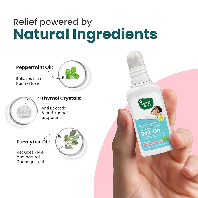 Mother Sparsh Natural Vapour Cold Relief Roll-On, Thymol Crystal, Eucalyptus & Peppermint Oil, 100% Natural, 15ml