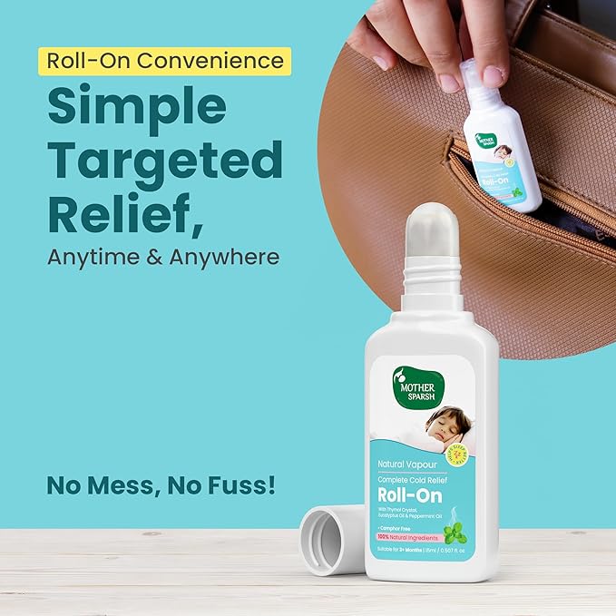 Mother Sparsh Natural Vapour Cold Relief Roll-On, Thymol Crystal, Eucalyptus & Peppermint Oil, 100% Natural, 15ml
