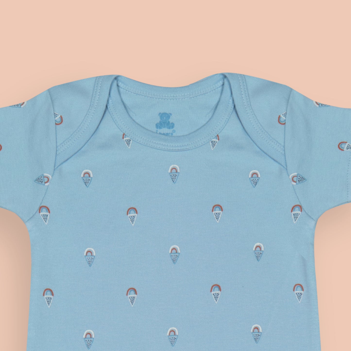 3-Piece Fun Ice-Cream Print Romper Bundle – Cream, Teal, and Brown Colors, All-Over Print, Bottom Snap Buttons