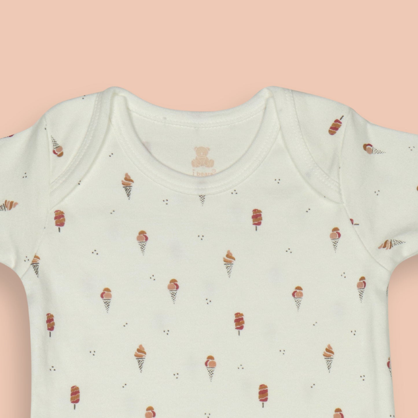 3-Piece Fun Ice-Cream Print Romper Bundle – Cream, Teal, and Brown Colors, All-Over Print, Bottom Snap Buttons