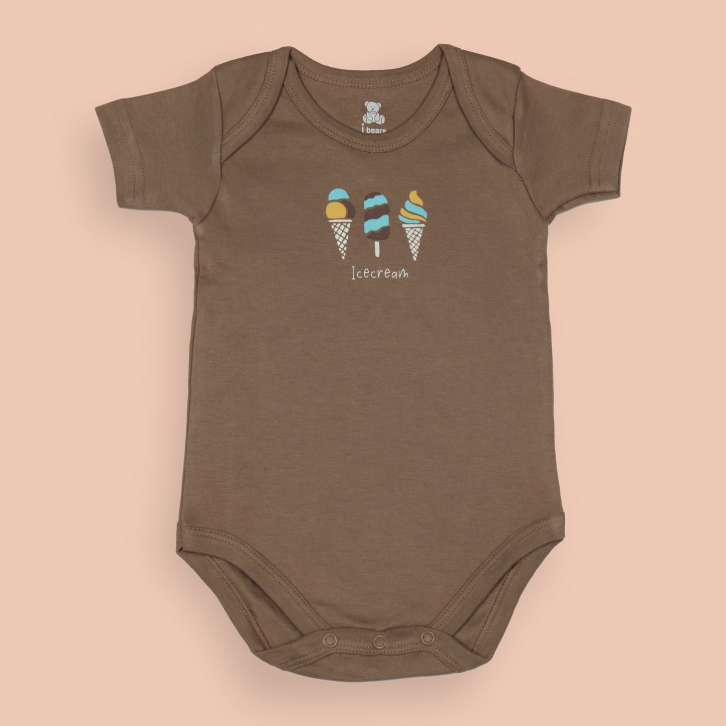 3-Piece Fun Ice-Cream Print Romper Bundle – Cream, Teal, and Brown Colors, All-Over Print, Bottom Snap Buttons