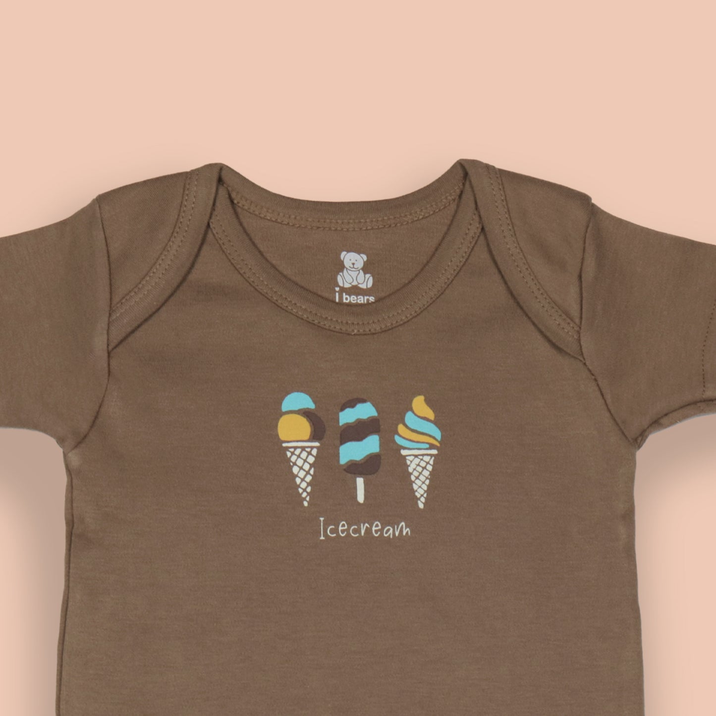 3-Piece Fun Ice-Cream Print Romper Bundle – Cream, Teal, and Brown Colors, All-Over Print, Bottom Snap Buttons