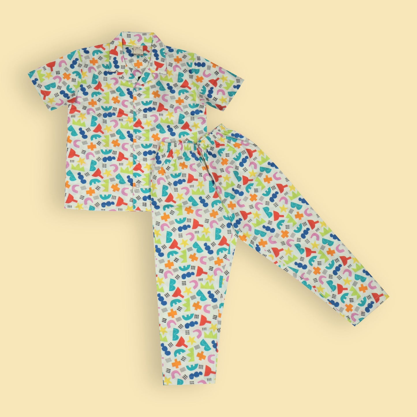 Boys’ Cozy Star Print Pyjama Set – Multi-Color Cotton Collar Shirt with Front Buttons & Full-Length Pants