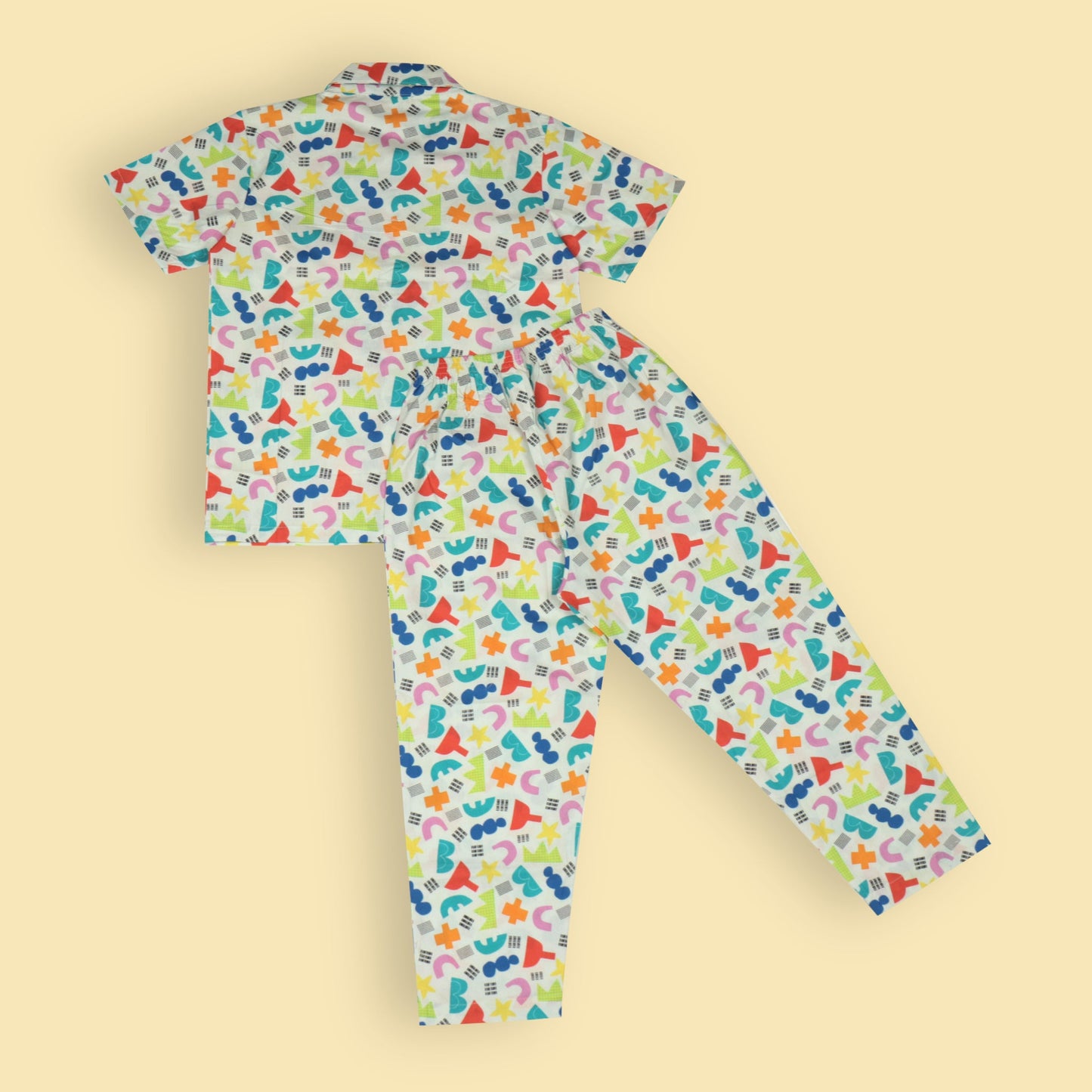 Boys’ Cozy Star Print Pyjama Set – Multi-Color Cotton Collar Shirt with Front Buttons & Full-Length Pants