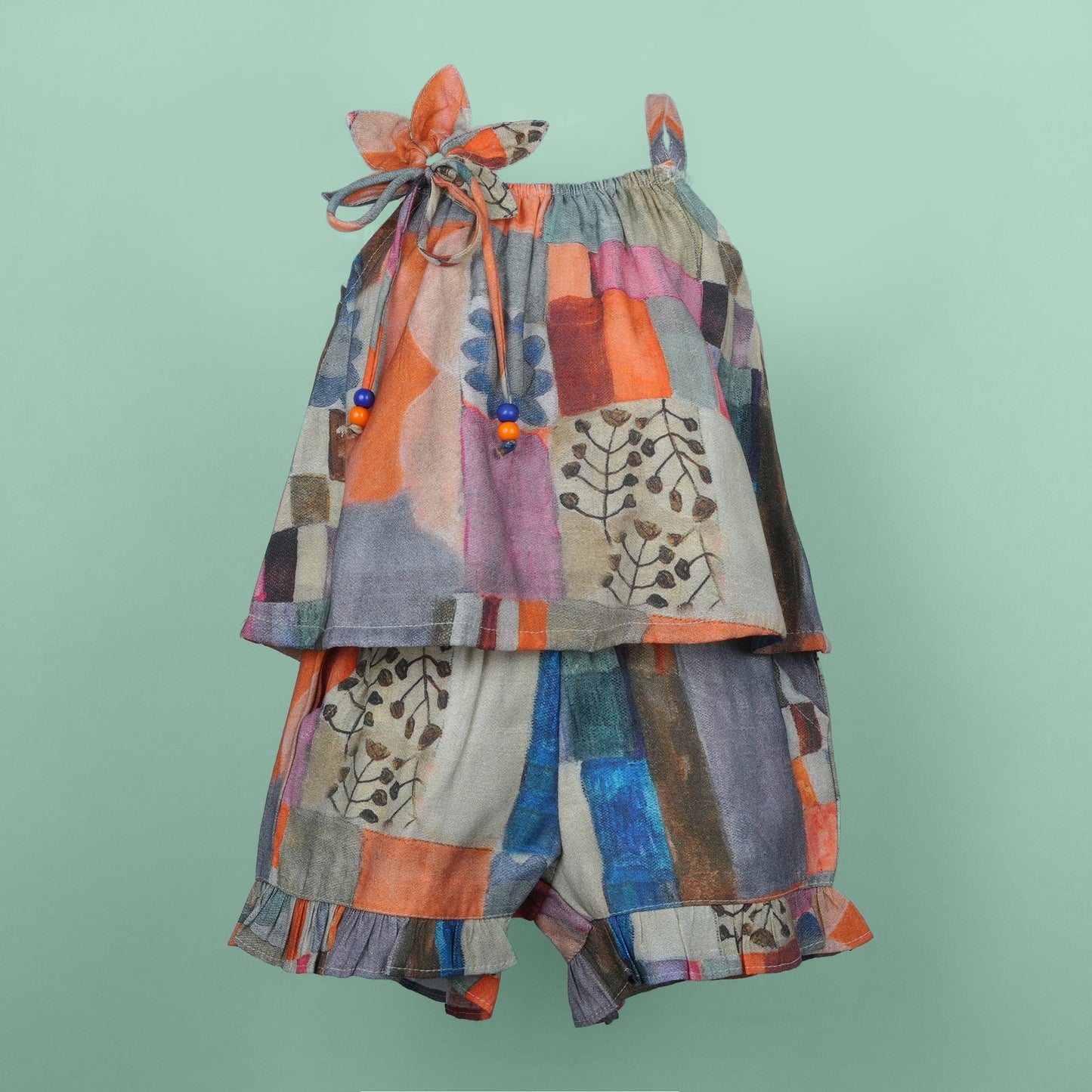 DW Girl's Multi-Color Applique Square Neck Shorts Set