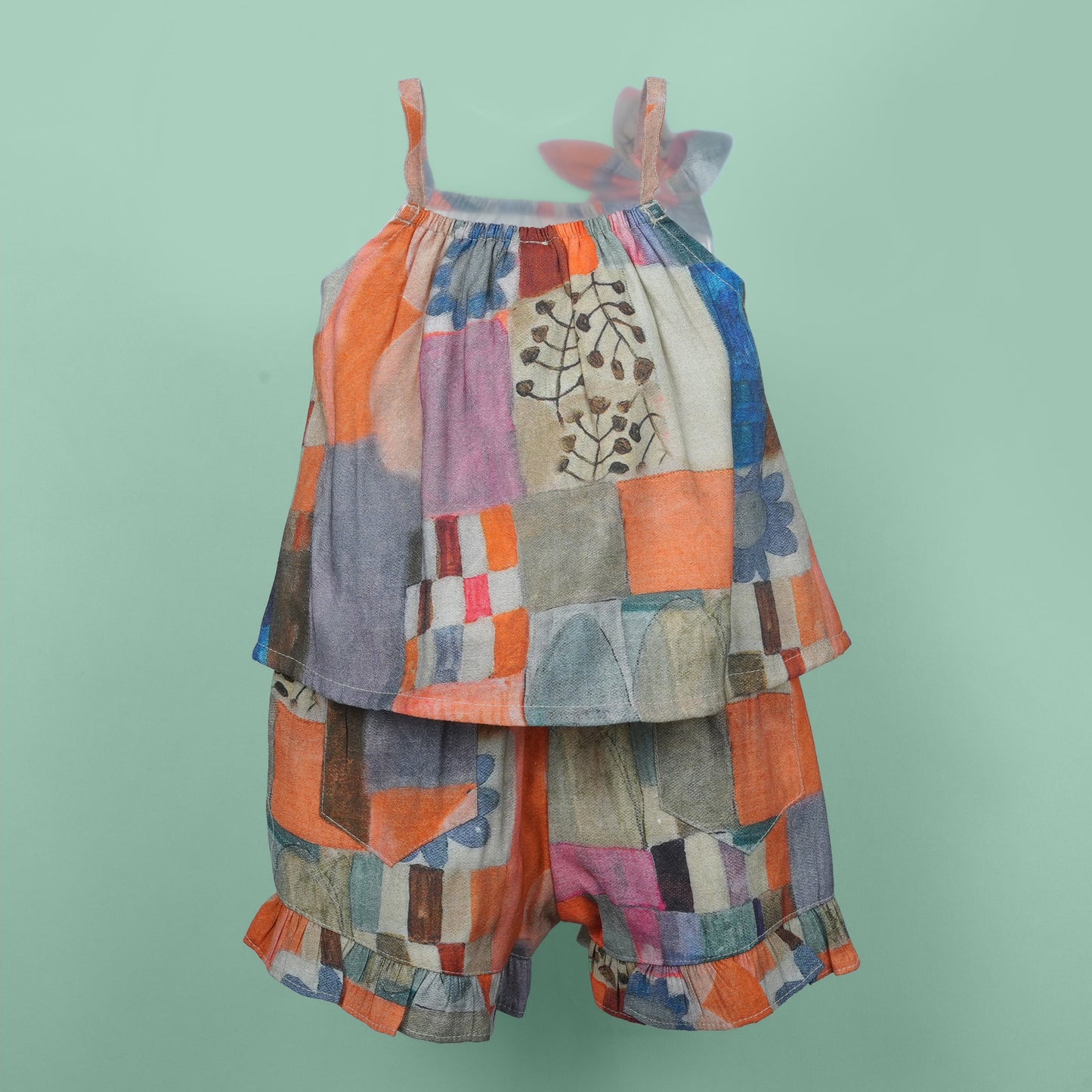 DW Girl's Multi-Color Applique Square Neck Shorts Set
