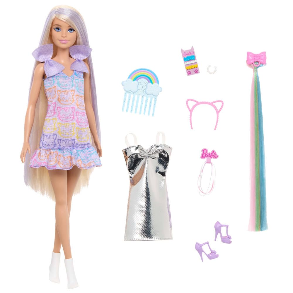 Barbie Fun & Fancy Doll – Blonde with Extra-Long Hair, Silver Dress & Hair Extension, 2 Fashion Looks, Accessories Included