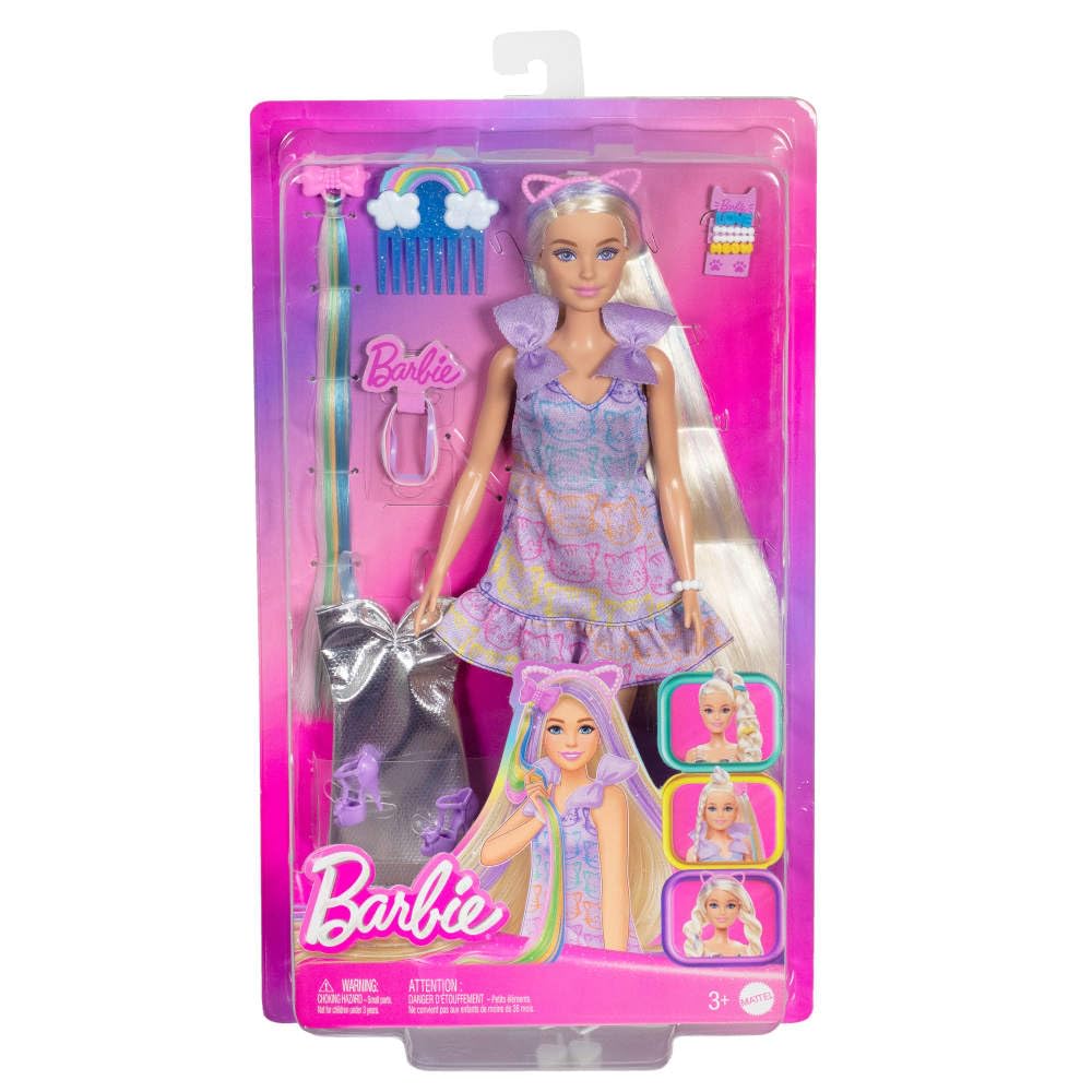 Barbie Fun & Fancy Doll – Blonde with Extra-Long Hair, Silver Dress & Hair Extension, 2 Fashion Looks, Accessories Included