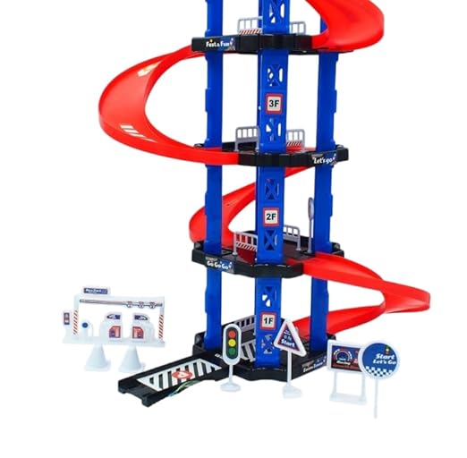 4 Floor Parking Set with Elevator Traffic Signs and Car Develops Manual Abilities for Toddlers Age 3 and up(3 mini Cars)
