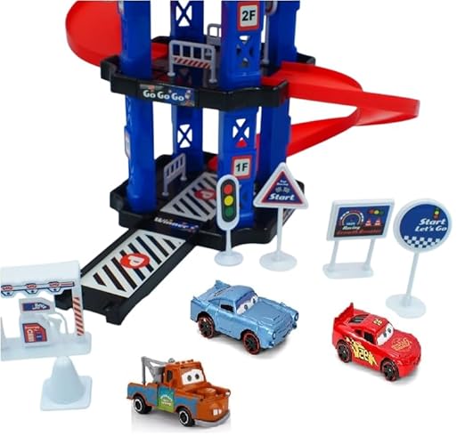 4 Floor Parking Set with Elevator Traffic Signs and Car Develops Manual Abilities for Toddlers Age 3 and up(3 mini Cars)