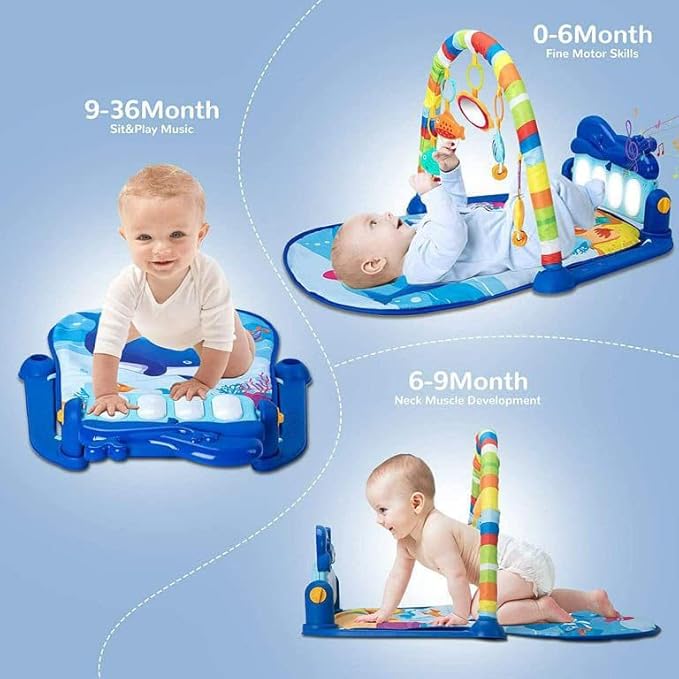 Baby Gym Piano Play Mat for Babies Baby Play MatPlay mats for Kids Baby CarpetPlay mat Crawling Baby with Hanging Rattles Toys (Blue-Multi Baby Gym Piano)