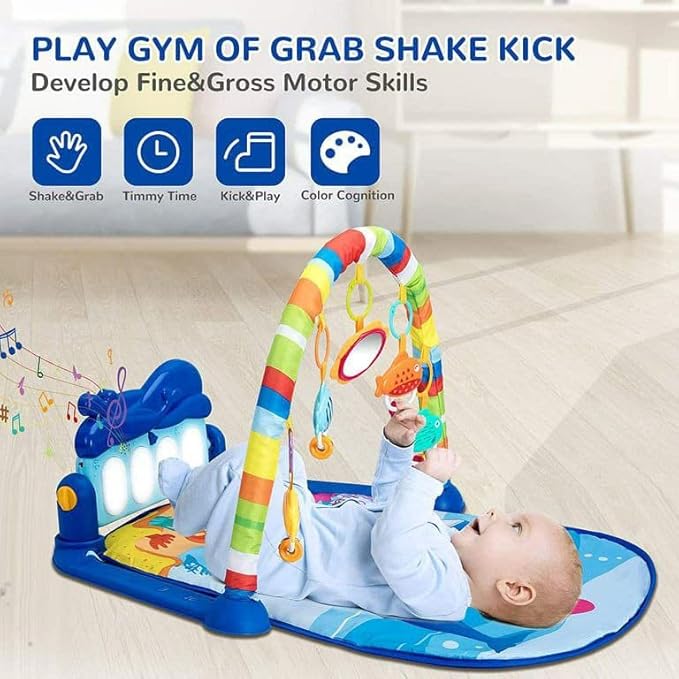 Baby Gym Piano Play Mat for Babies Baby Play MatPlay mats for Kids Baby CarpetPlay mat Crawling Baby with Hanging Rattles Toys (Blue-Multi Baby Gym Piano)