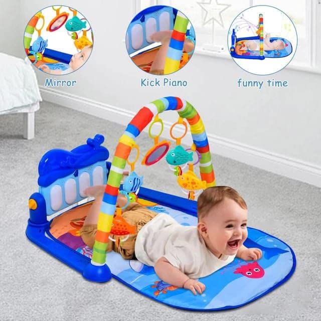 Baby Gym Piano Play Mat for Babies Baby Play MatPlay mats for Kids Baby CarpetPlay mat Crawling Baby with Hanging Rattles Toys (Blue-Multi Baby Gym Piano)