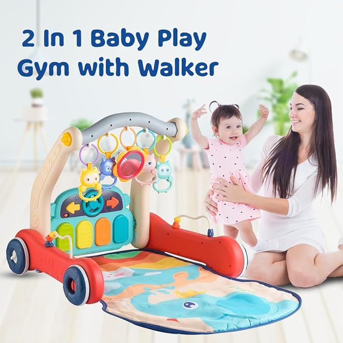 2 in 1 Musical Baby Play Gym with Convertible Walker Push Walker with Play Piano Lights Rattles & Tummy Time Mat for Babies & Toddlers (Multicolour)