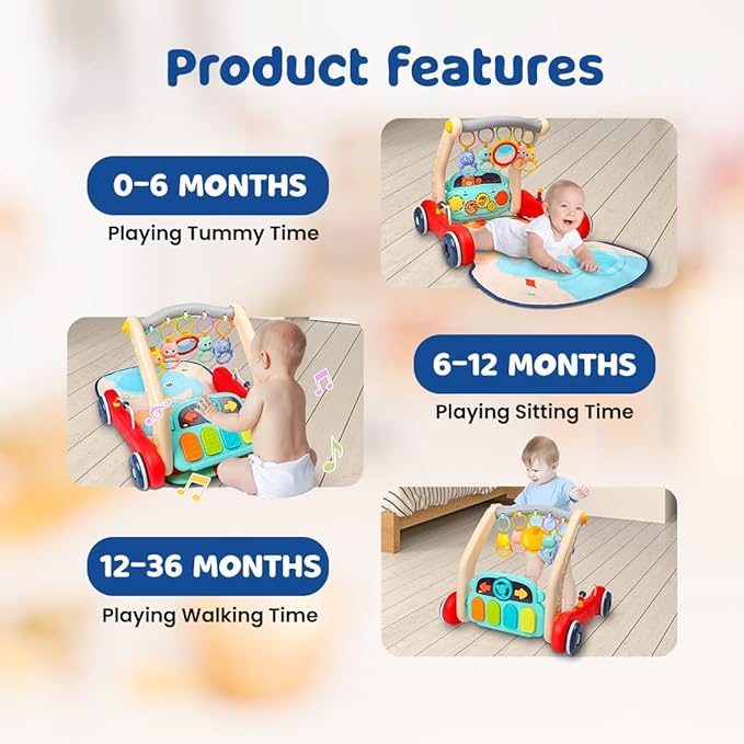 2 in 1 Musical Baby Play Gym with Convertible Walker Push Walker with Play Piano Lights Rattles & Tummy Time Mat for Babies & Toddlers (Multicolour)