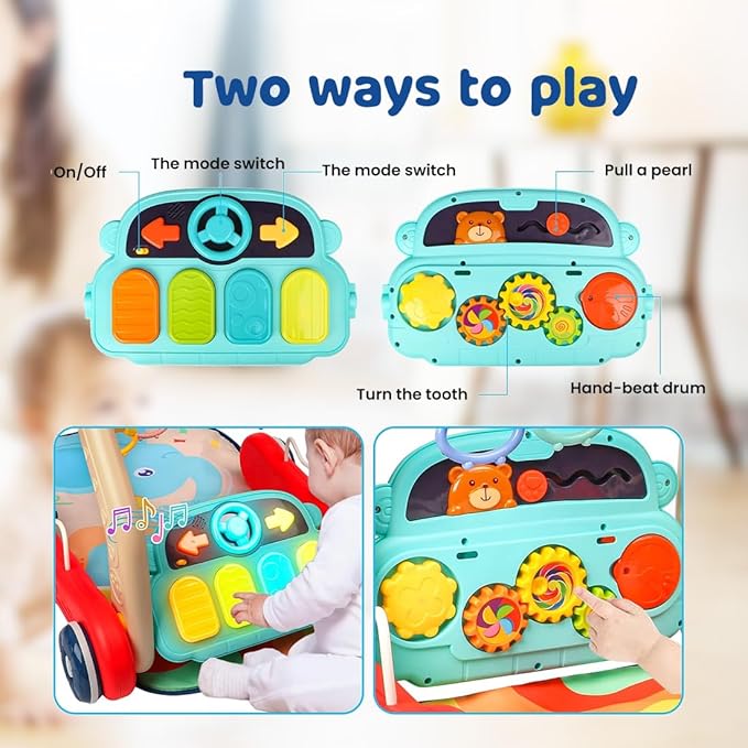 2 in 1 Musical Baby Play Gym with Convertible Walker Push Walker with Play Piano Lights Rattles & Tummy Time Mat for Babies & Toddlers (Multicolour)