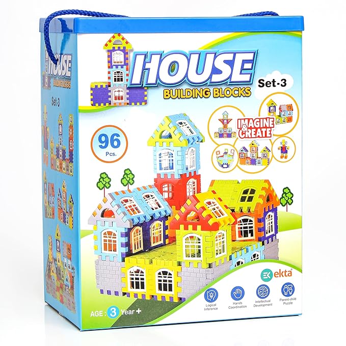 EKTA House Building Blocks with Windows Set-3 Building Blocks for Kids Block Game for Kids (Multicolor Big Size) - 96 Pieces