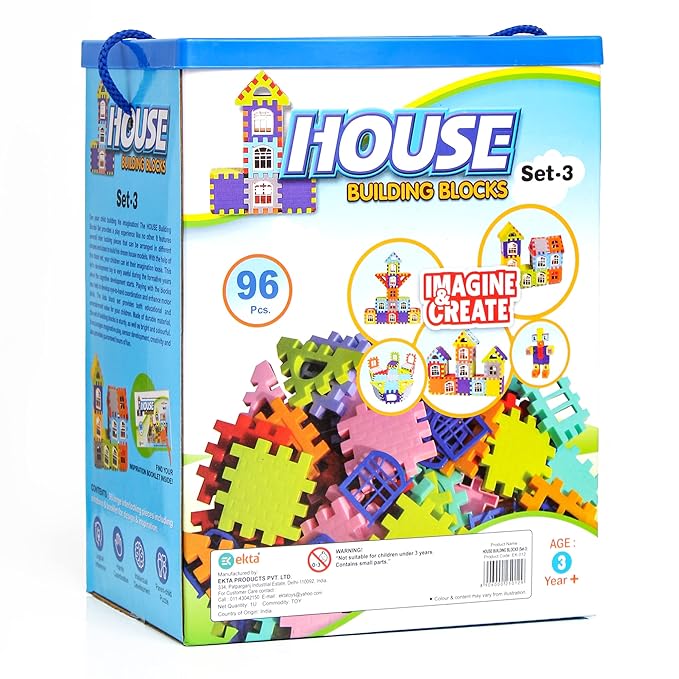 EKTA House Building Blocks with Windows Set-3 Building Blocks for Kids Block Game for Kids (Multicolor Big Size) - 96 Pieces