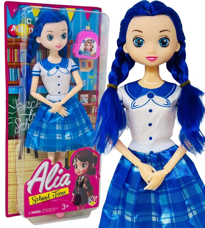 Cute Toy Doll for Girls with Movable Joints Both Leg & Hands Cute Beautiful Eyes Fashionable Blue Dress Doll with Role Play Bag Toys for Girls