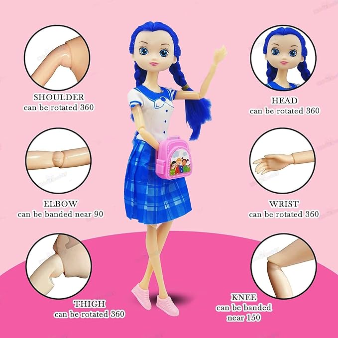 Cute Toy Doll for Girls with Movable Joints Both Leg & Hands Cute Beautiful Eyes Fashionable Blue Dress Doll with Role Play Bag Toys for Girls