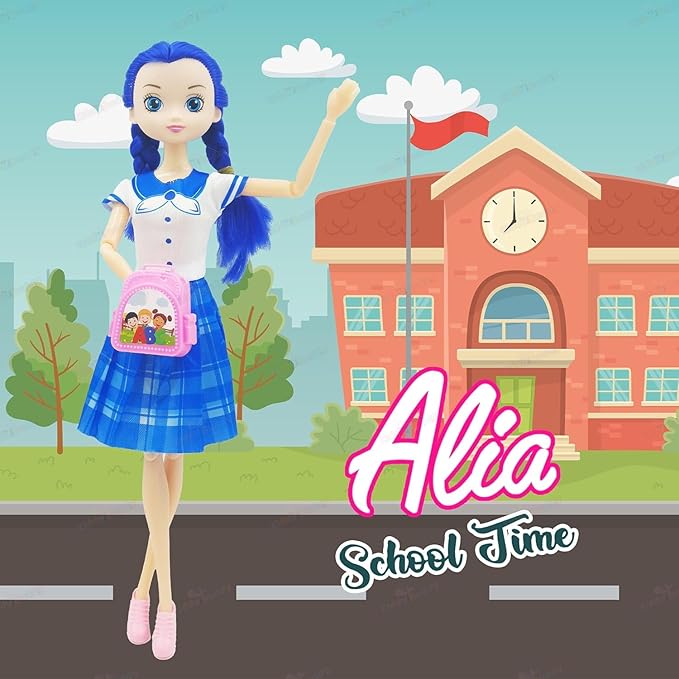 Cute Toy Doll for Girls with Movable Joints Both Leg & Hands Cute Beautiful Eyes Fashionable Blue Dress Doll with Role Play Bag Toys for Girls