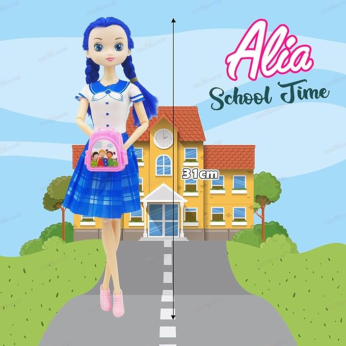 Cute Toy Doll for Girls with Movable Joints Both Leg & Hands Cute Beautiful Eyes Fashionable Blue Dress Doll with Role Play Bag Toys for Girls