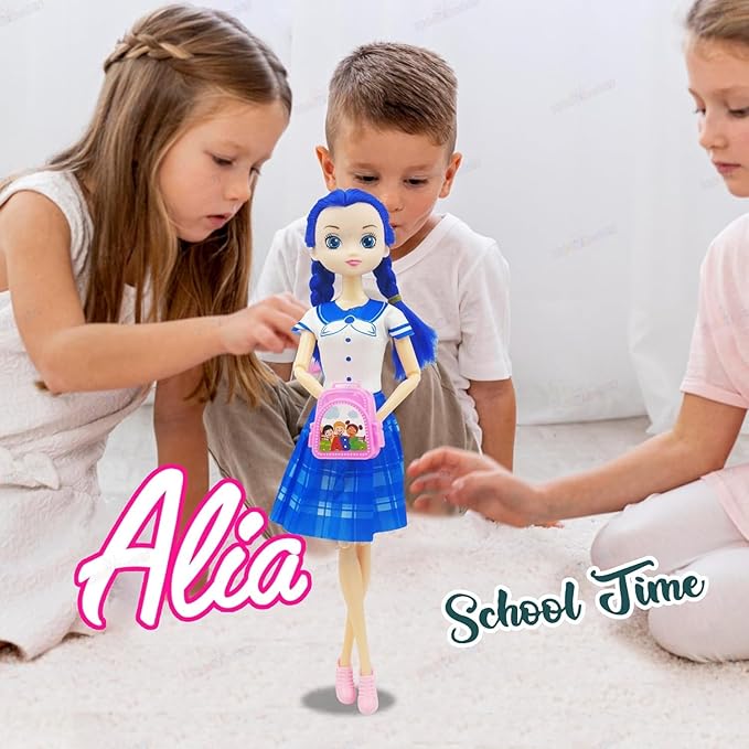 Cute Toy Doll for Girls with Movable Joints Both Leg & Hands Cute Beautiful Eyes Fashionable Blue Dress Doll with Role Play Bag Toys for Girls