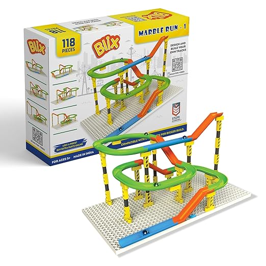 Blix Marble Run - 1 118 Piece Construction Set Design and Build Your Own Tracks Marble Run Toys for Kids Compatible with Other Brick Brands Ages 5 Made in India
