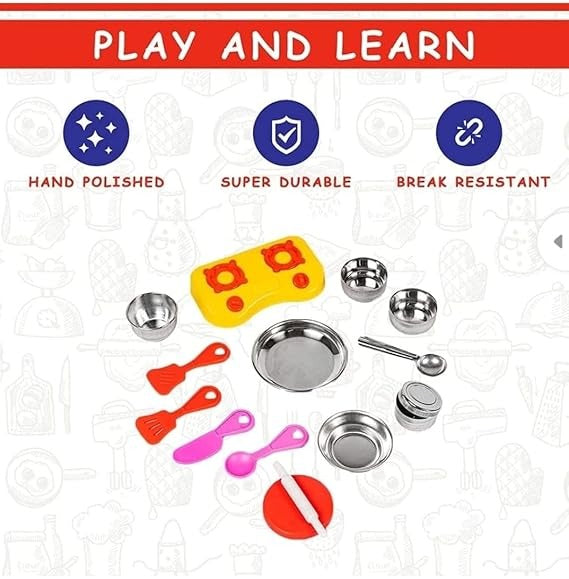 Little Fun Sweet Heart Kitchen Set – 13‑Piece Steel & Plastic Combo Cooking Playset for Kids, Multicolor (Set of 2)