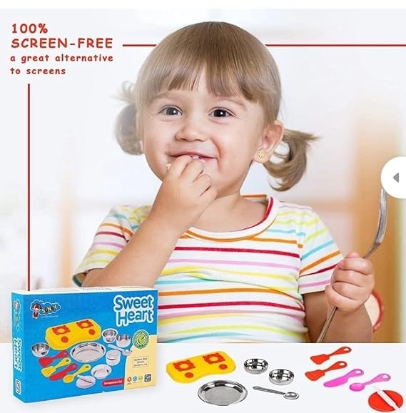 Little Fun Sweet Heart Kitchen Set – 13‑Piece Steel & Plastic Combo Cooking Playset for Kids, Multicolor (Set of 2)