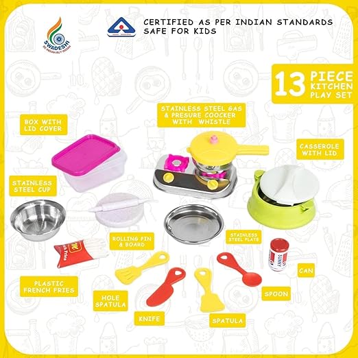 Made-in-India Kids' Kitchen Set – Elegant Brown Finish | Safe & Fun Cooking Toy with Pot, Pan, Spatula & More | Promotes Sharing & Teamwork