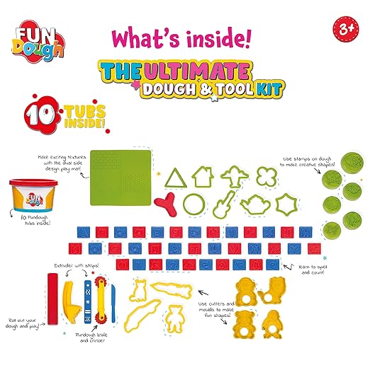 Fundough Funskool Playset Ultimate Dough and Tool Kit enhances Creativity and Imagination Make Various Shapes Patterns and Characters Multicolour Dough Toy Shaping Sculpting 3 Years