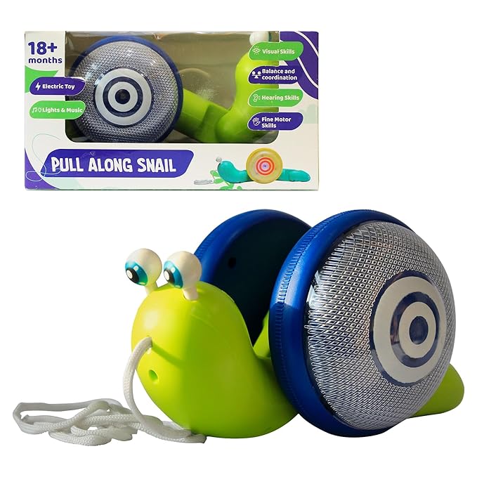 innovitoy Pull Along Snail Baby Toys 6-12 Months String Attached Wiggle Motion Toy Encourages Walking Toy with Music Light Rope BPA Free Toddler Toys Gift Set - Made in India (Blue Green)