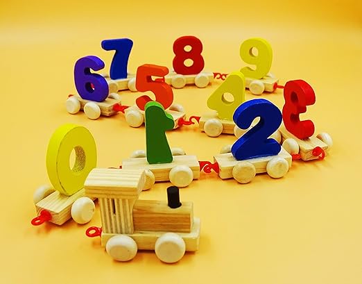 Wooden Learning Toy Numbers Educational Play Train with Sliding Wheels Pre School Learning Game for Kids 3 Years & Above (Pack of 11 Multicolor) (Beige)