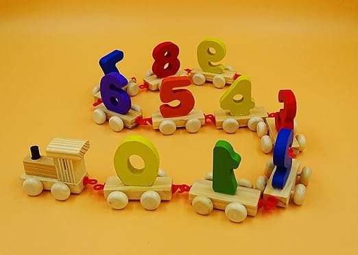 Wooden Learning Toy Numbers Educational Play Train with Sliding Wheels Pre School Learning Game for Kids 3 Years & Above (Pack of 11 Multicolor) (Beige)