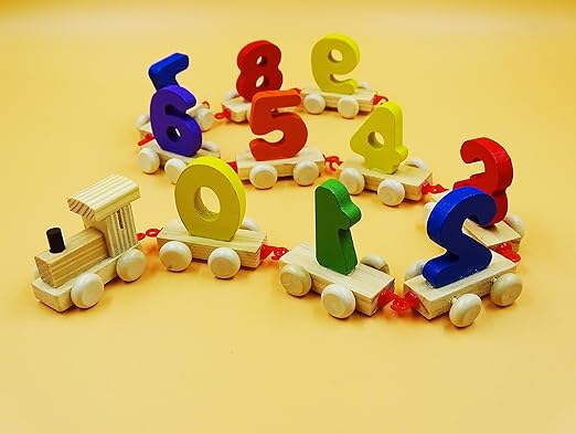 Wooden Learning Toy Numbers Educational Play Train with Sliding Wheels Pre School Learning Game for Kids 3 Years & Above (Pack of 11 Multicolor) (Beige)