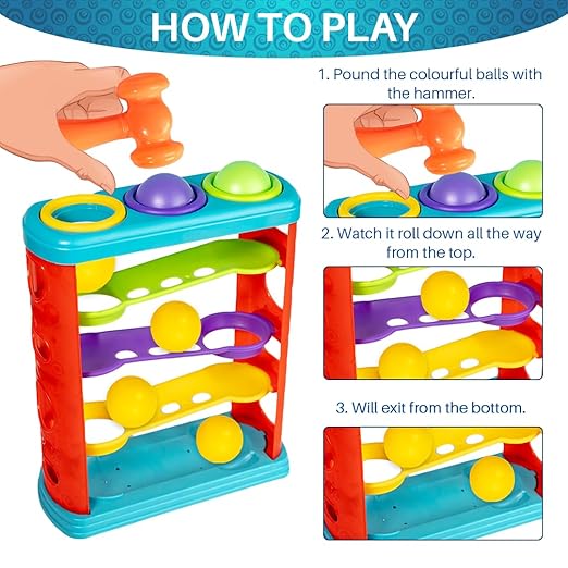 Ratna's Zoom & Boom 2-in-1 Montessori Activity Toy Set Containing Hammer Ball & Racing Tower Track with Stack Toy for Kids Ages 2 Years