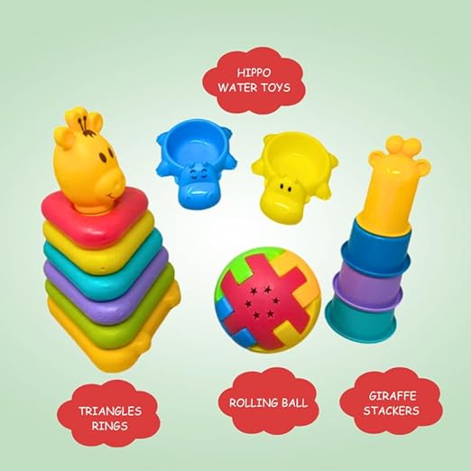Interactive Toddler Toy Set - 4-in-1 Playtime Bundle with Bath Toys Rattling Ball Stacking Triangles Vibrant Colors Ages 1 and Up