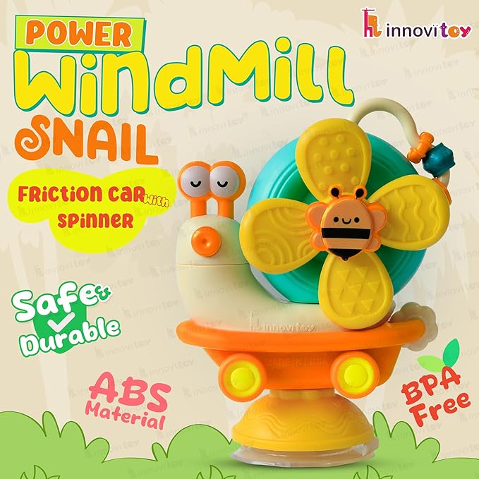 Innovitoy 5-in-1 Spinner Yellow Snail Spinner with 5 Play Modes Suction Cup & Friction car. Perfect Sensory Gift for 0-3 Years Babies