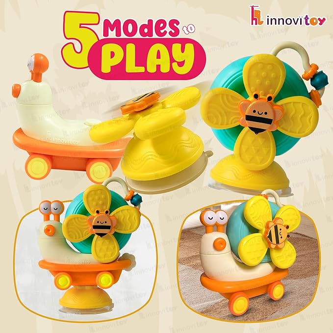 Innovitoy 5-in-1 Spinner Yellow Snail Spinner with 5 Play Modes Suction Cup & Friction car. Perfect Sensory Gift for 0-3 Years Babies