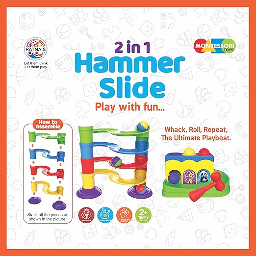 Ratna’s 2-in-1 Hammer Slide Set – Montessori Ball Track & Pounding Game – Toddlers Age 2+