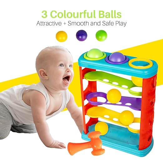 Ratna's Hammer Ball Knock Ball for Babies and Toddlers Pound and See The Balls roll Down The ramps Safe and Non Toxic for Infants - Multicolor