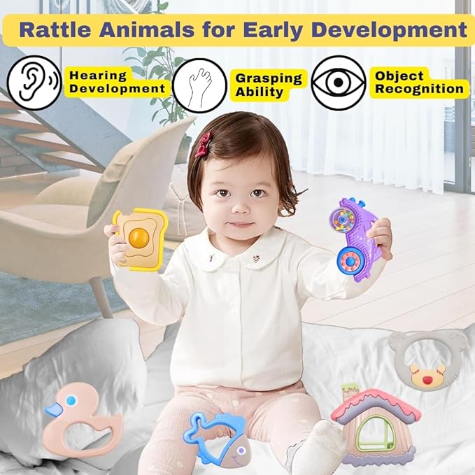 6-Pc Baby Rattle & Teether Set – Colourful Soft Sound Toys – BPA-Free Gift Pack