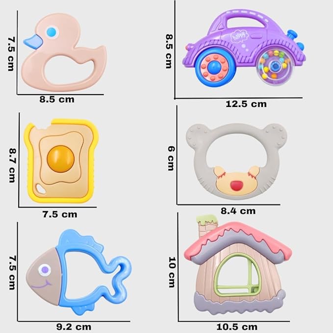 6-Pc Baby Rattle & Teether Set – Colourful Soft Sound Toys – BPA-Free Gift Pack