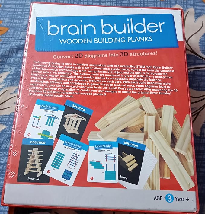 Brain Builder Wooden Building Planks Set STEM Construction Toy 20 Planks with 30 Puzzles Ages 3